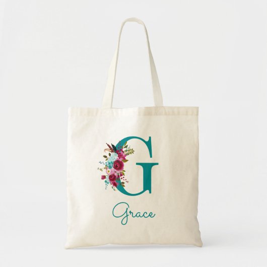 Tote Bag LETTRE Florale G Script Monogramme rose Turquoise (Devant)