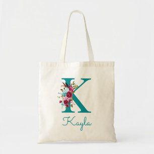 Tote Bag LETTRE Florale K Script Monogramme rose Turquoise