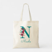 Tote Bag Lettre florale N Script Monogramme rose Turquoise (Dos)