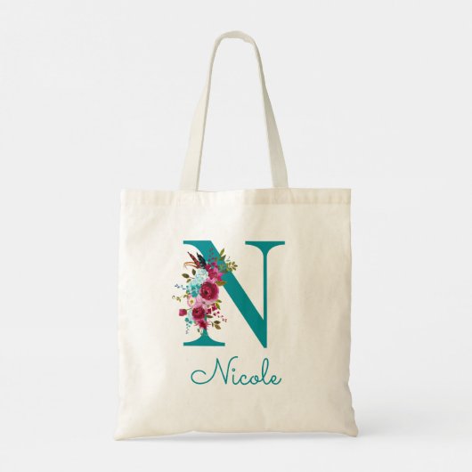 Tote Bag Lettre florale N Script Monogramme rose Turquoise (Dos)