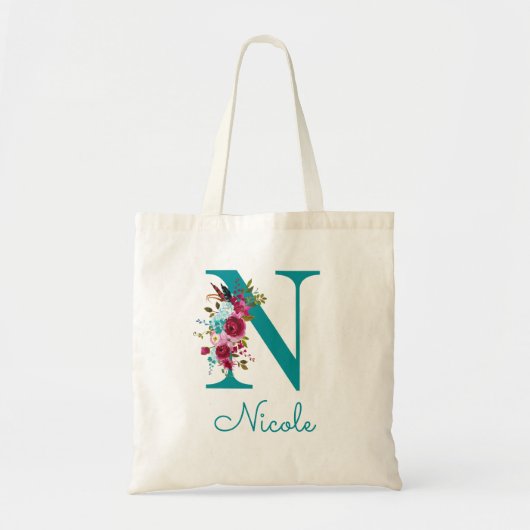 Tote Bag Lettre florale N Script Monogramme rose Turquoise (Devant)