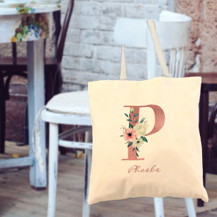 Tote Bag LETTRE Florale P Aquarelle rose et ivoire Bouquet