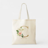 Tote Bag Lettre florale Peony C Monogramme d'or Bridesmaid (Dos)