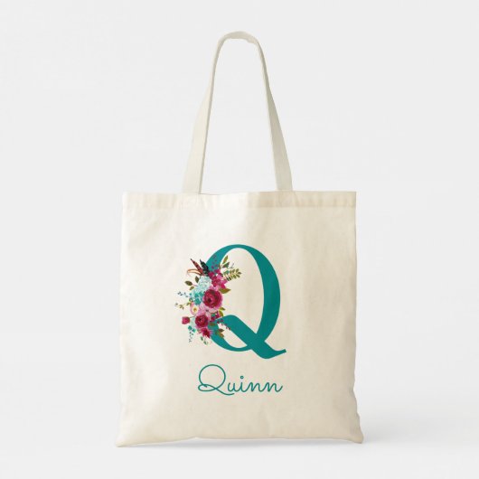 Tote Bag Lettre Florale Q Script Monogramme rose Turquoise (Dos)