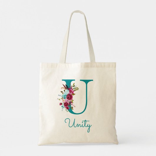 Tote Bag LETTRE Florale U Script Monogramme rose Turquoise (Dos)