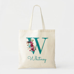 Tote Bag Lettre Florale W Script Monogramme rose Turquoise