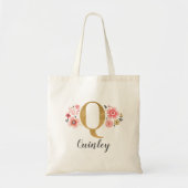 Tote Bag Lettre initiale monogramme en or « Q » floral (Devant)