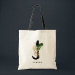 Tote Bag Lettre J Monogramme | Bridesmaid Feuille tropicaux<br><div class="desc">Sac fourre-tout monogramme de lettre J personnalisable avec aquarelle feuille de palme tropicale, fausse feuille de feuille d'or et accents de brosse d'aquarelle noire. Personnalisez ce sac fourre-tout de monogramme tropical en ajoutant votre nom ou d'autres détails. Ce sac de monogramme de lettre de sauce J sera parfait comme cadeau....</div>
