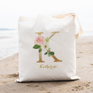 Tote Bag Lettre K en or et fleurs rose pâle personnalisées