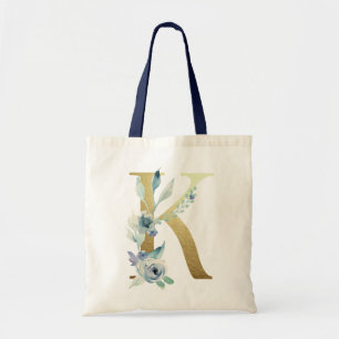 Tote Bag Lettre K Monogramme Doré Fleurs Aquarelle Bleue