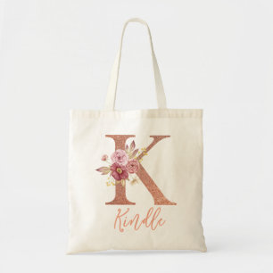 Tote Bag Lettre k Monogramme floral pailleté rose blush 