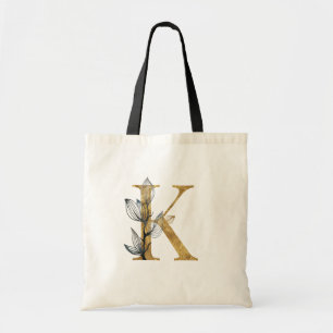 Tote Bag *~* Lettre K Monogramme or Feuilles noirs initiaux