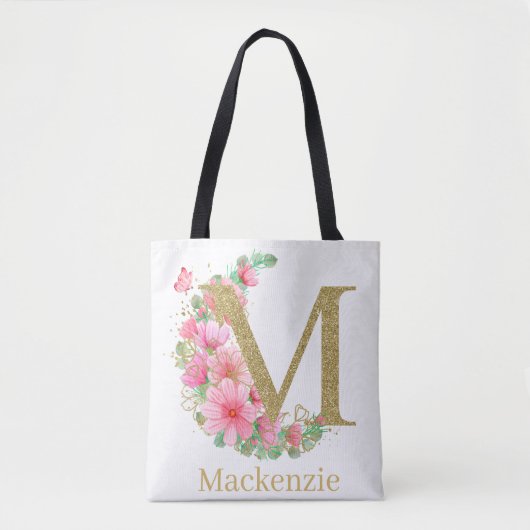 Tote Bag LETTRE M AQUACOLE OR ET MONOGRAPHIQUE Floral (Devant)