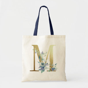 Tote Bag Lettre M en monogramme doré Fleurs aquarelles bleu