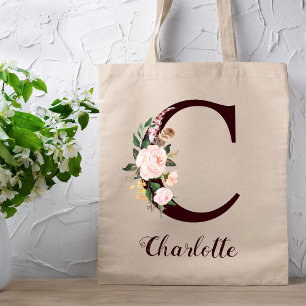 Tote Bag Lettre minimale C Blush Floral Cadeau personnalisé