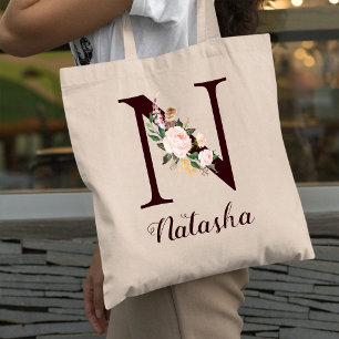 Tote Bag Lettre minimale N Blush Floral Cadeau personnalisé