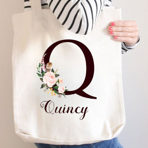 Tote Bag Lettre minimale Q Blush Floral Cadeau personnalisé