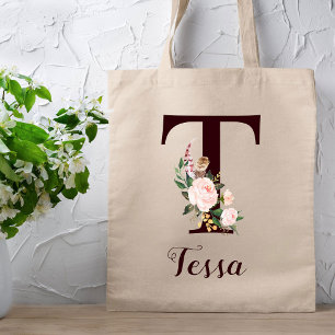 Tote Bag Lettre minimale T Blush Floral Cadeau personnalisé