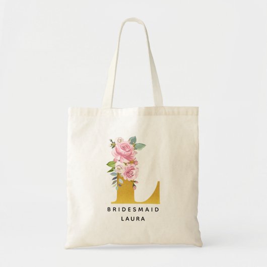 Tote Bag Lettre monogramme dorée L Fleurs rose Personnalisé (Devant)