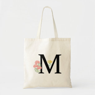 Tote Bag Lettre monogrammée M Fleurs de roses aquarelles pu