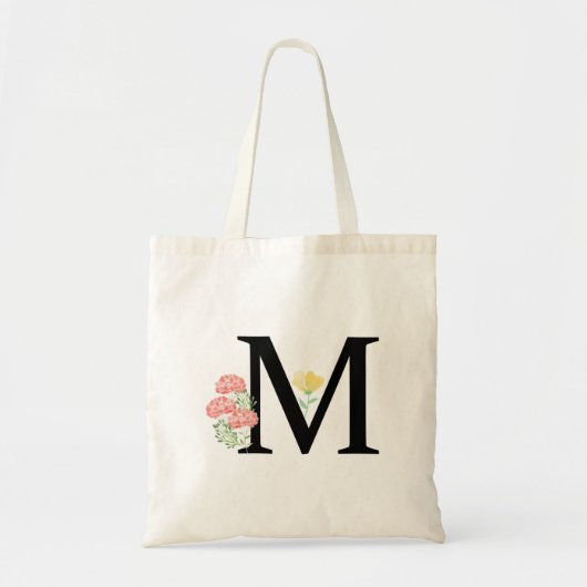 Tote Bag Lettre Monogrammée M Fleurs Peinture à l'Eau Pulvé (Devant)