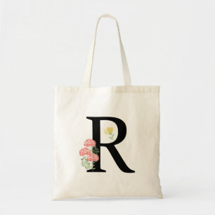 Tote Bag Lettre monogrammée R fleurs aquarelle moderne chic