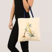 Tote Bag LETTRE MONOGRAPHIQUE D'OR A Aquarelle Bleue Fleurs (Devant (produit))