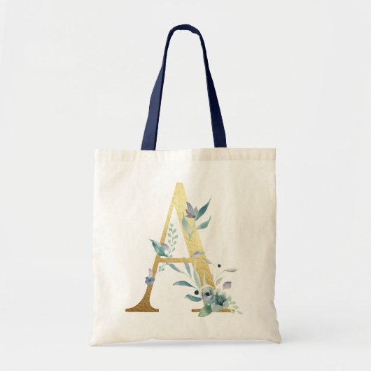 Tote Bag LETTRE MONOGRAPHIQUE D'OR A Aquarelle Bleue Fleurs (Devant)