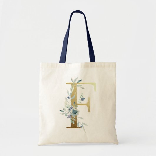 Tote Bag LETTRE MONOGRAPHIQUE D'OR F FLEURS AQUATIQUES Bleu (Devant)