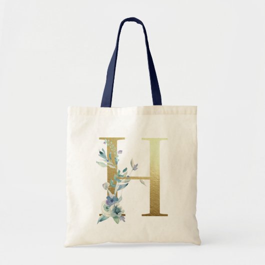 Tote Bag LETTRE MONOGRAPHIQUE D'OR H AQUATICOLE Bleue Fleur (Devant)