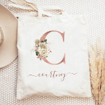 Tote Bag LETTRE MONOGRAPHIQUE D'OR Rose D'Ivoire Floral C<br><div class="desc">Ce sac fourre-tout élégant est orné d'un monogramme "C" à grande lettre en feuille d'or rose, décoré d'un bouquet vintage fleuri en ivoire, paré de feuillage vert et rose en or. Personnalisez-le avec son nom en écriture manuscrite rose en or, avec des fioritures au début et à la fin. Fait...</div>