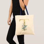 Tote Bag LETTRE MONOGRAPHIQUE D'OR T Aquarelle Bleue Fleurs (Devant (produit))
