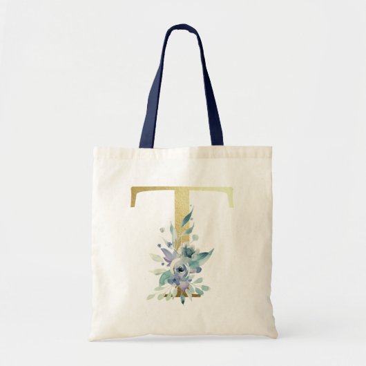 Tote Bag LETTRE MONOGRAPHIQUE D'OR T Aquarelle Bleue Fleurs (Devant)