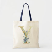 Tote Bag LETTRE MONOGRAPHIQUE D'OR Y Fleurs Aquarelles Bleu (Devant)