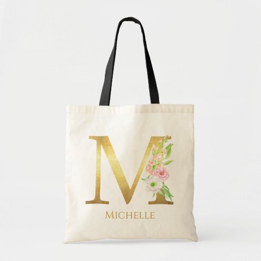 Tote Bag LETTRE MONOGRAPHIQUE OR Floral M Nom personnalisé (Devant)