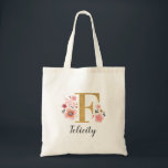Tote Bag LETTRE MONOGRAPHIQUE ROSE Florale "F"<br><div class="desc">Un beau sac fourre-tout à fleurs roses monogrammées et féminines, avec des fleurs roses et une lettre "F" en faux or monogramme. Personnalisez le sac fourre-tout en ajoutant votre nom sous le monogramme. Fait un cadeau amusant pour un ami ou pour un cadeau de femme d'honneur. Conçu pour vous par...</div>