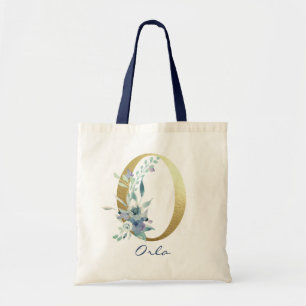 Tote Bag Lettre O Monogramme Doré Décor Floral Nom Bleu