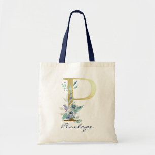 Tote Bag Lettre P Monogramme Doré Décor Floral Bleu Nom
