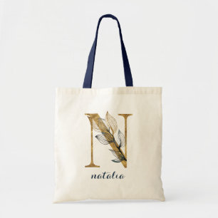 Tote Bag LETTRE Plante MONOGRAPHIQUE Bleu Floral EN OR "N"