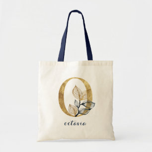 Tote Bag LETTRE Plante MONOGRAPHIQUE Floral Bleu Or "O"