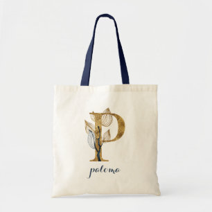 Tote Bag LETTRE Plante MONOGRAPHIQUE Floral Blue Gold Leaf