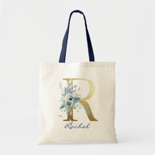 Tote Bag Lettre R Monogramme Doré Décor Floral Bleu Nom