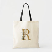 Tote Bag *~* Lettre R Monogramme or Feuille noir initial (Devant)