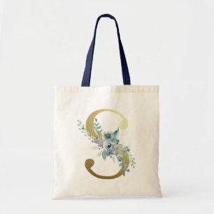 Tote Bag Lettre S Monogramme Doré Fleurs Aquarelle Bleue