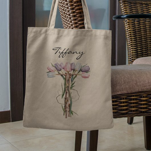 Tote Bag Lettre T de Bouquet de Tulipes Monogramme Floral N