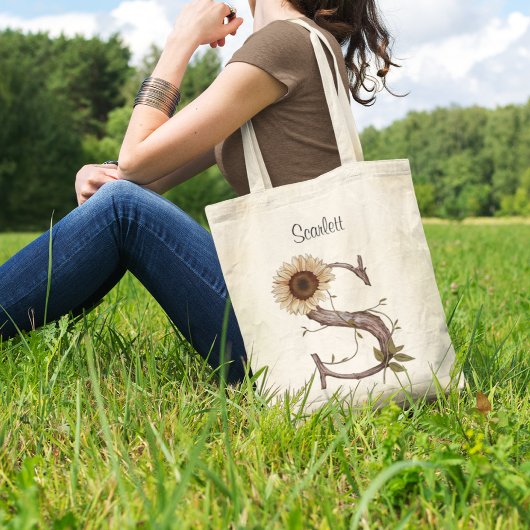Tote Bag Lettre Tournesol Élégant S Monogramme Floral Perso
