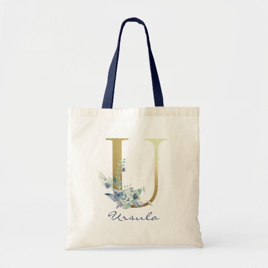 Tote Bag Lettre U Monogramme Doré Fleur Décor Bleu Nom (Devant)