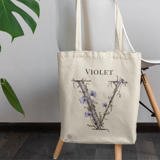 Tote Bag Lettre V de monogramme floral violet doux Nom pers