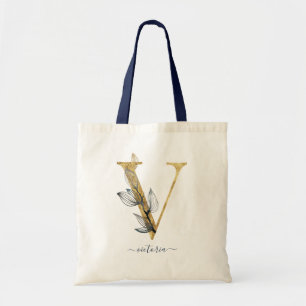 Tote Bag Lettre « V » en monogramme moderne feuille d'or bl