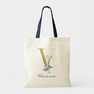 Tote Bag Lettre V Monogramme Doré Décor Floral Bleu Nom